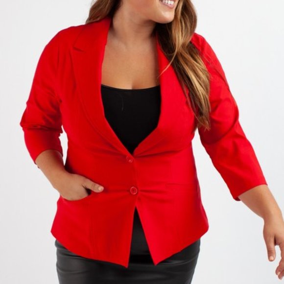 3/4 Sleeve Millennium Plus Size Blazer, Solid Red - Picture 4 of 5